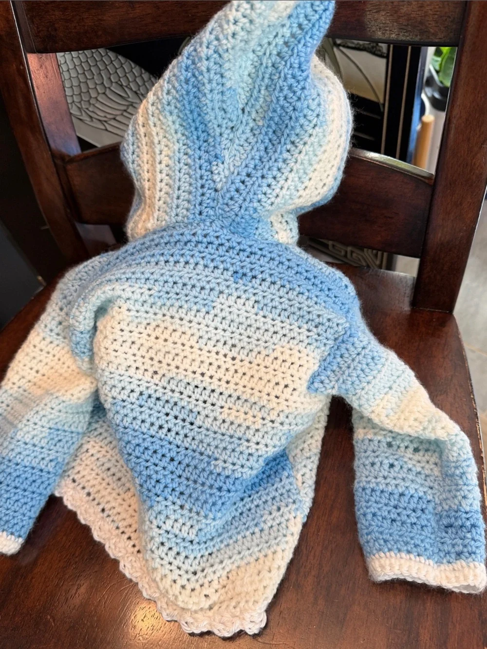 Handmade Blue and White Crocheted Hooded Coat